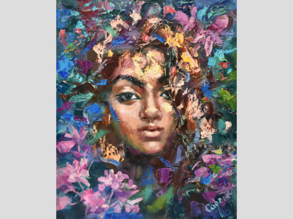 Portrait of a Girl with Purple Flowers