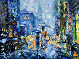 New York Girl Painting City Original Art Rain Street Wall Art Umbrella