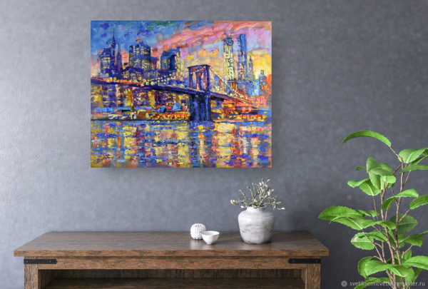 New York Brooklyn Bridge Painting Original Art Canvas Artwork Sunset