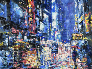 New York Night Painting Rain Original Art Canvas Artwork