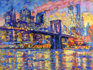 New York Brooklyn Bridge Painting Original Art Canvas Artwork Sunset