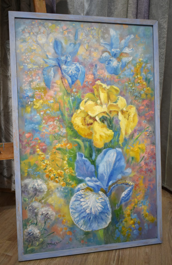Irises Painting Flowers Original Art Blue Yellow Florals