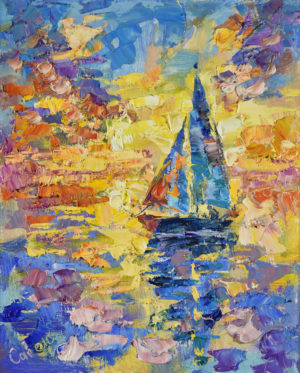 Sailboat Painting Sea Sunset Original Art Oil Impressionism Landscape