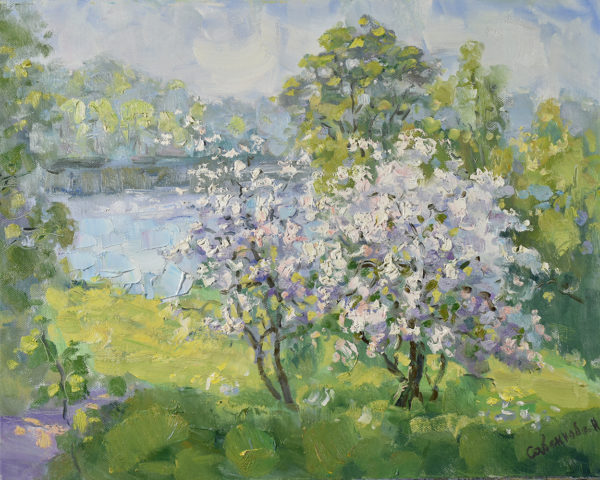 Blooming Tree Painting Apple Landscape Spring Nature Original Art