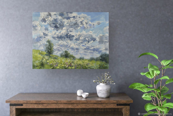 Clouds Painting Field Artwork Nature Landscape Original Art Impressionism