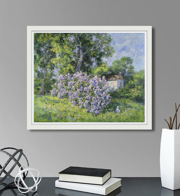 Lilac Painting Landscape House Trees Summer Nature Original Artwork