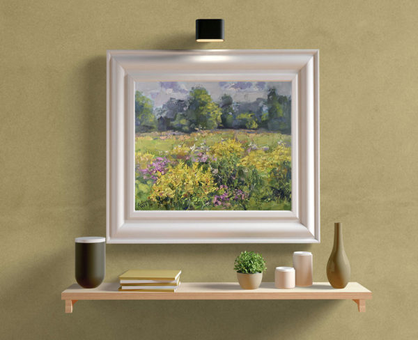 Blooming Field Painting Landscape Yellow Flowers Trees Summer Nature Original Artwork