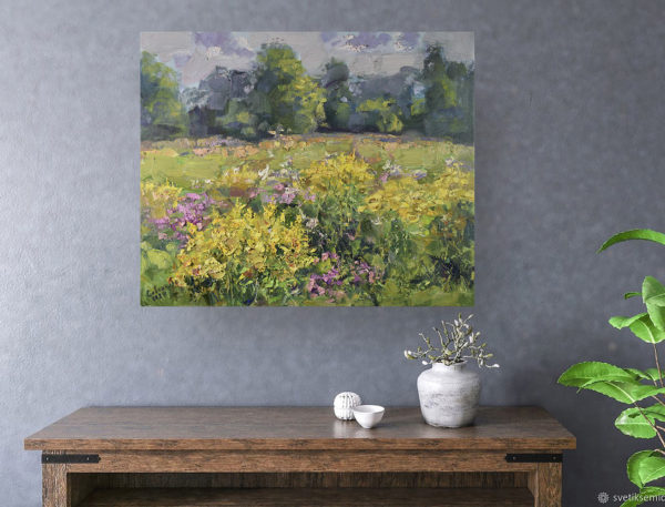 Blooming Field Painting Landscape Yellow Flowers Trees Summer Nature Original Artwork