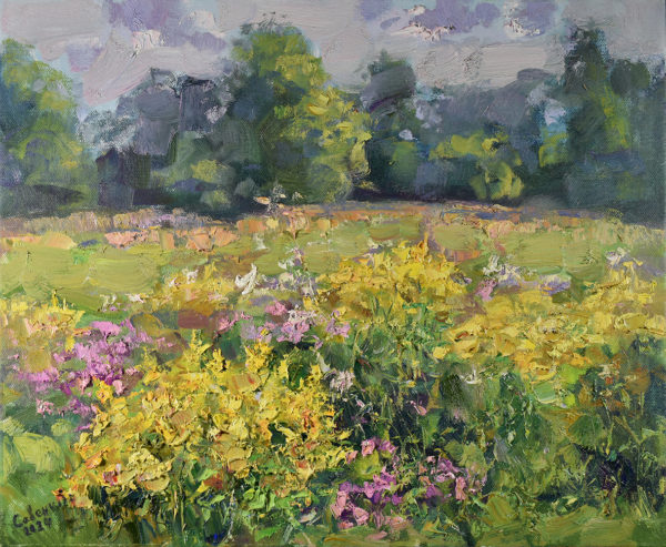 Blooming Field Painting Landscape Yellow Flowers Trees Summer Nature Original Artwork